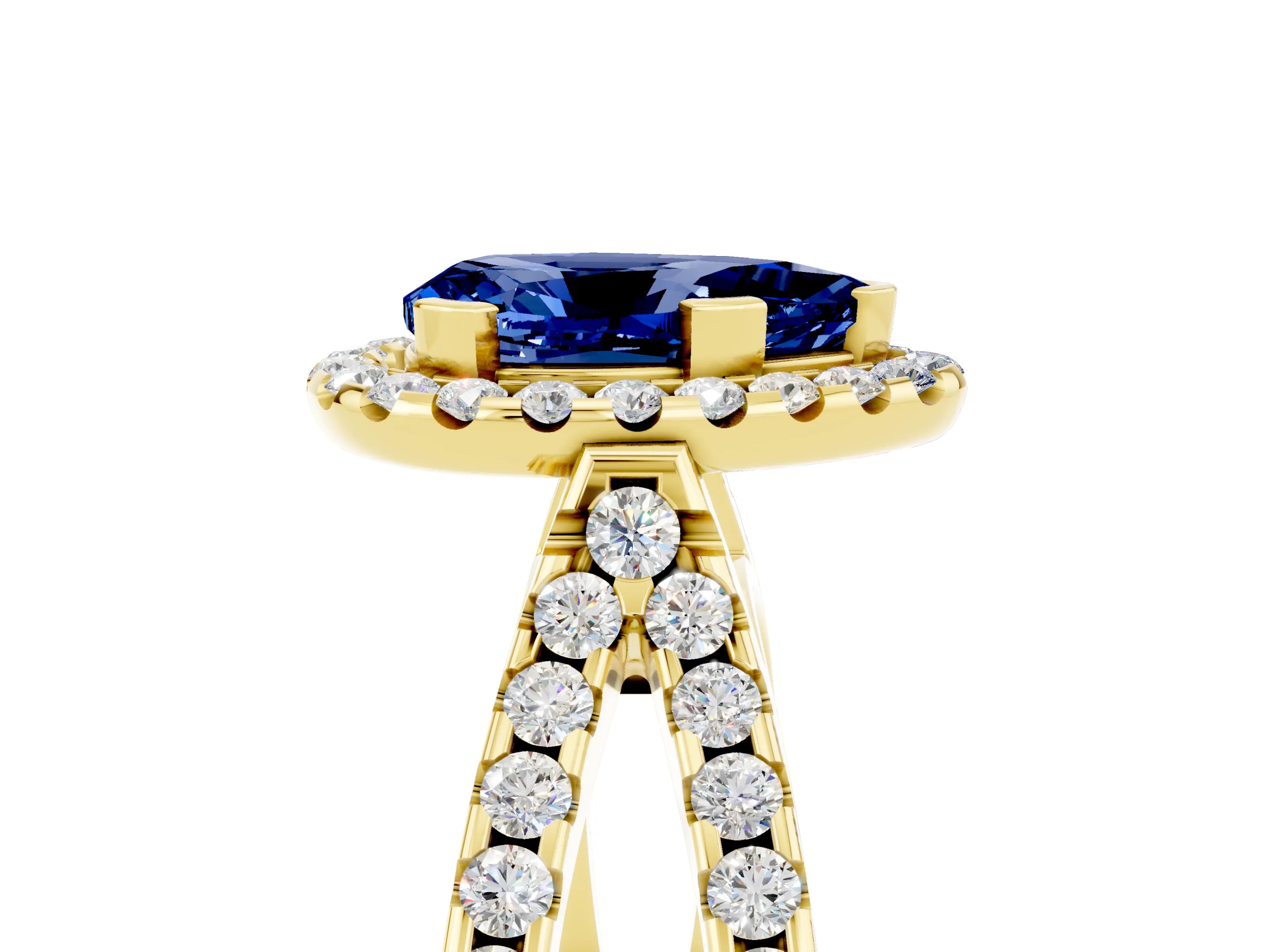 Yellow gold Pear Cut Blue Sapphire Halo Ring with Split Shank Pavé Band and Prong Setting_5
