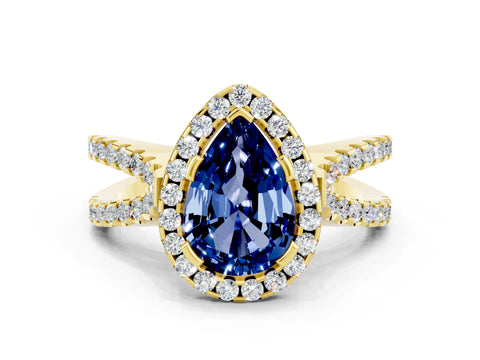 Yellow gold Pear Cut Blue Sapphire Halo Ring with Split Shank Pavé Band and Prong Setting