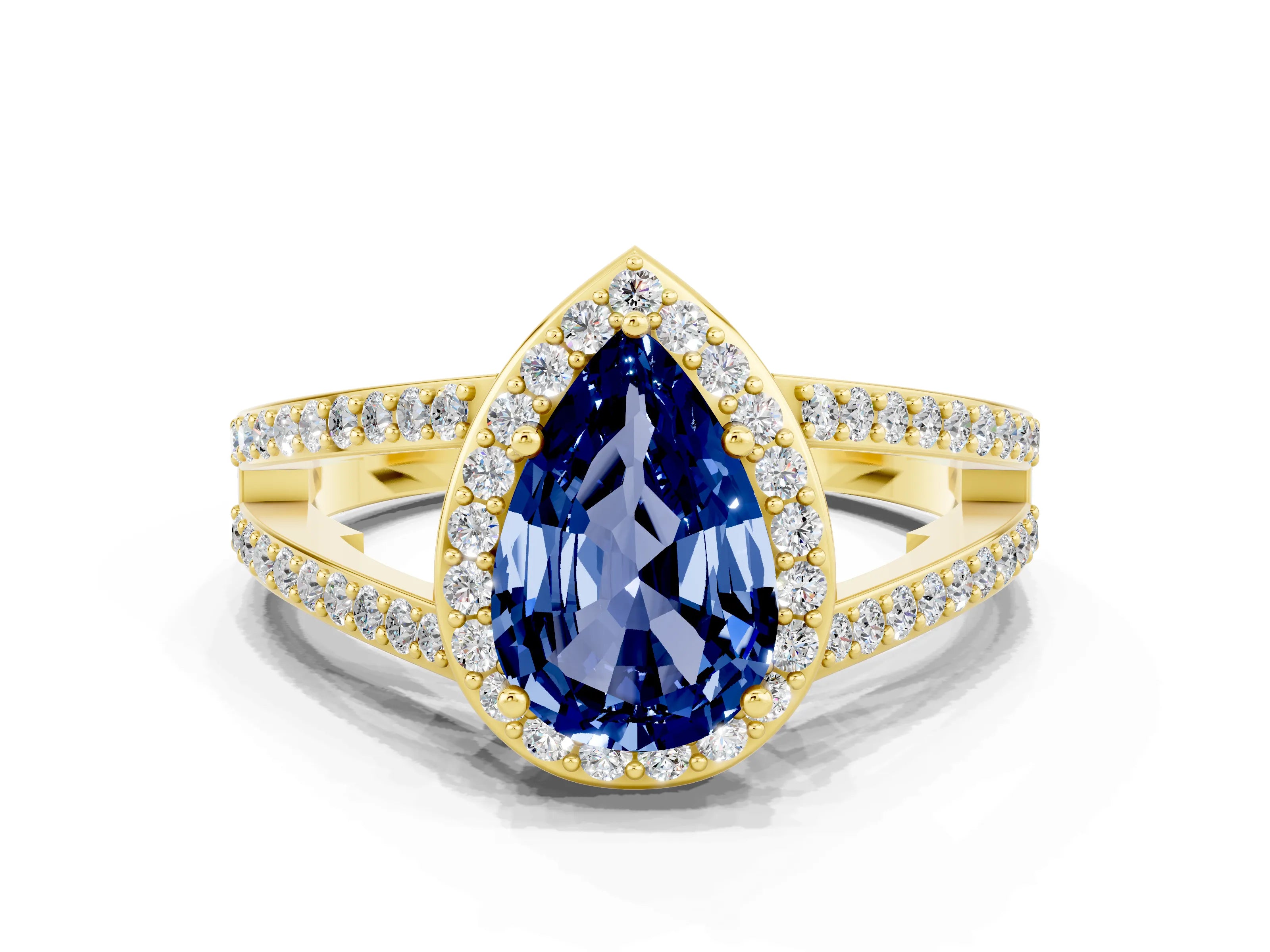 Yellow gold Pear Cut Blue Sapphire Halo Ring with Split Shank U-Prong Band and Four-Prong Setting