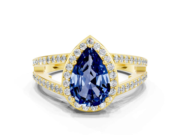 Yellow gold Pear Cut Blue Sapphire Halo Ring with Split Shank U-Prong Band and Four-Prong Setting