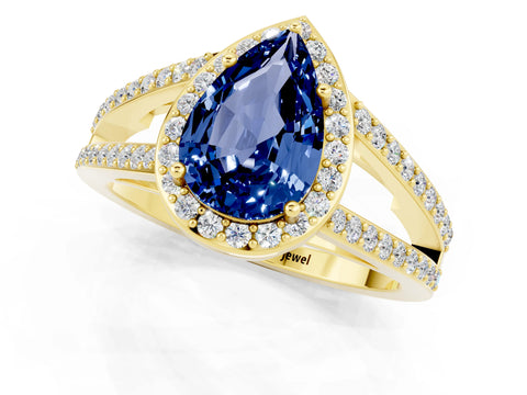 Yellow gold Pear Cut Blue Sapphire Halo Ring with Split Shank U-Prong Band and Four-Prong Setting_1