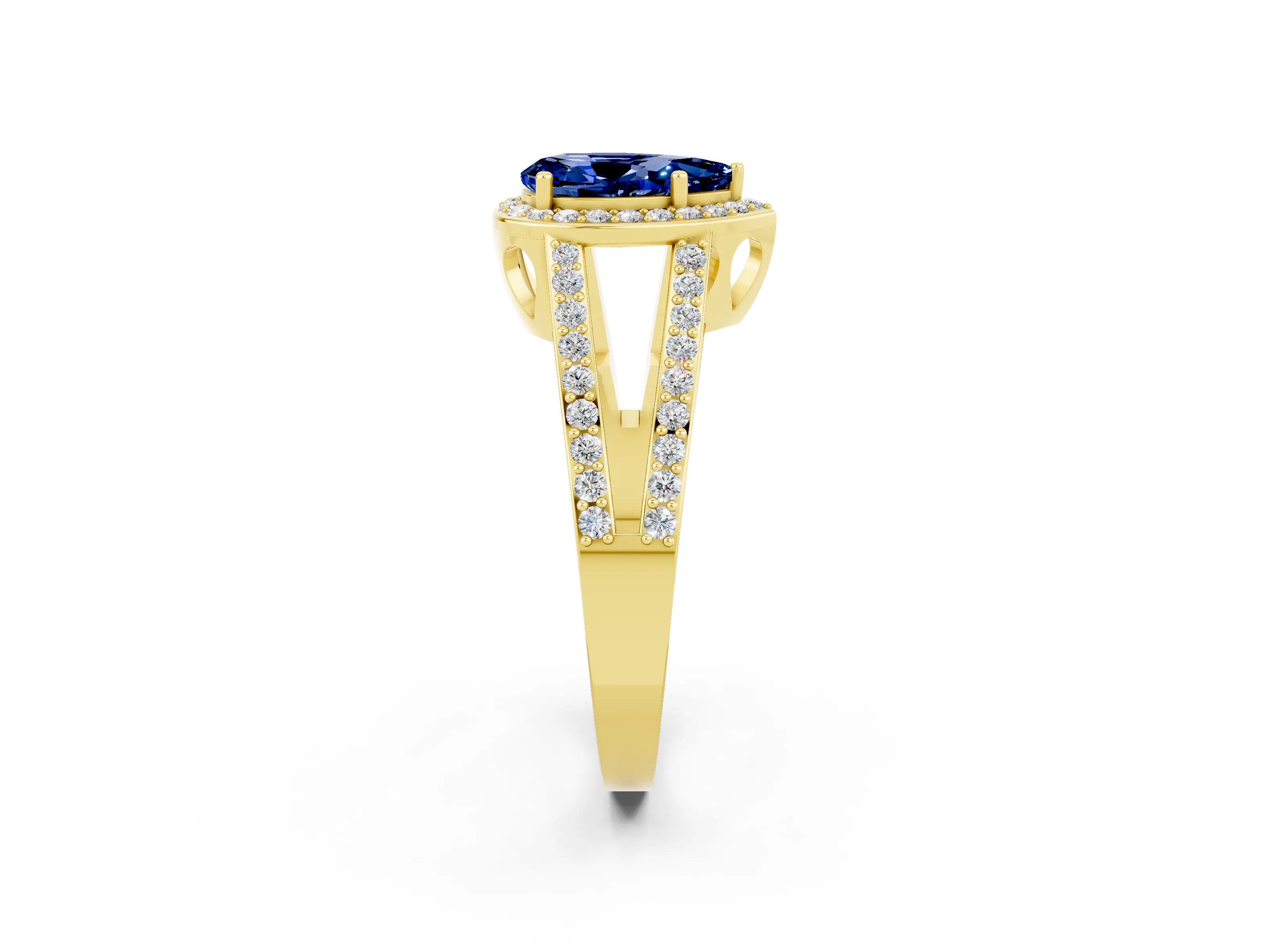 Yellow gold Pear Cut Blue Sapphire Halo Ring with Split Shank U-Prong Band and Four-Prong Setting_2