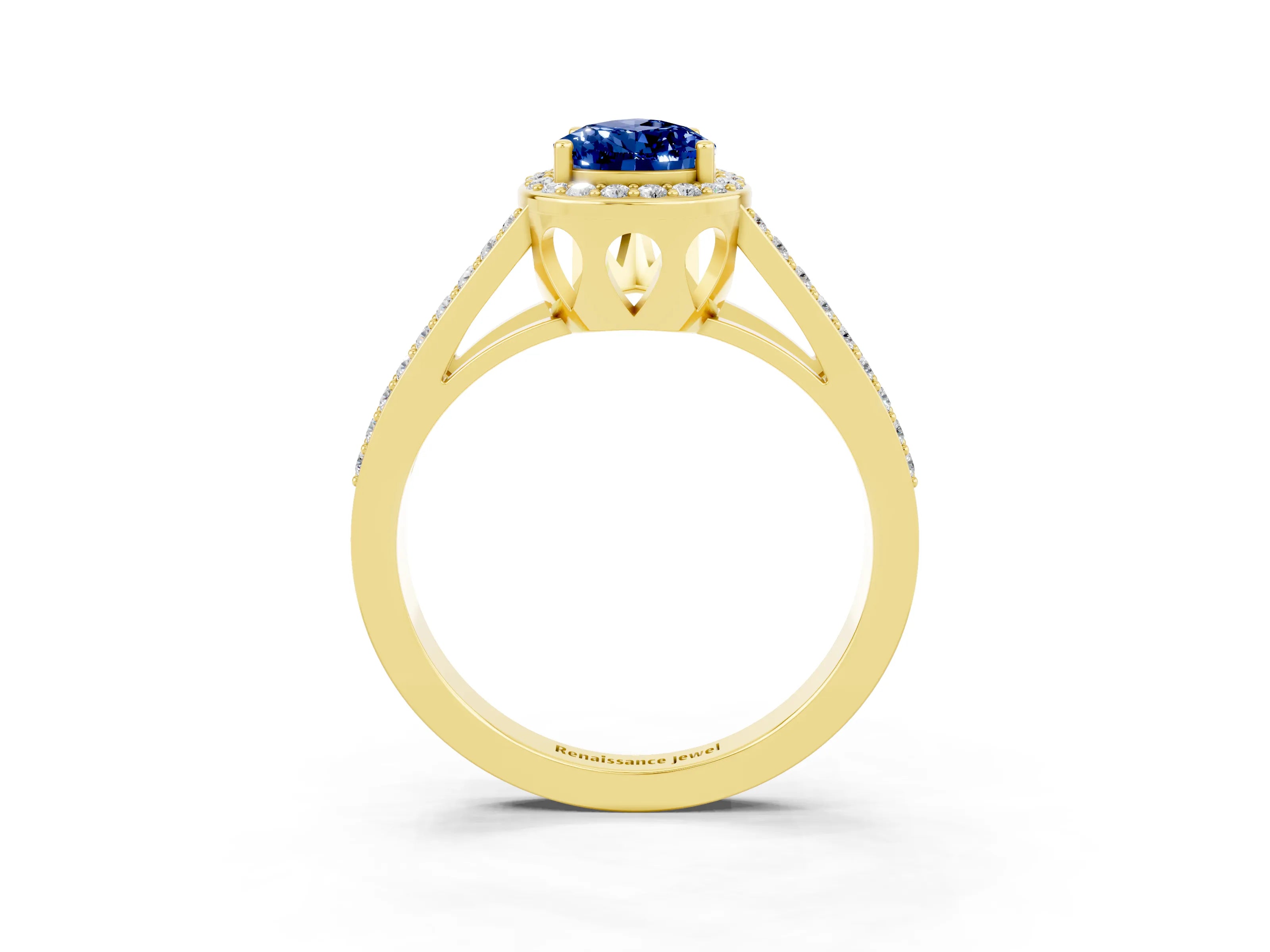 Yellow gold Pear Cut Blue Sapphire Halo Ring with Split Shank U-Prong Band and Four-Prong Setting_3