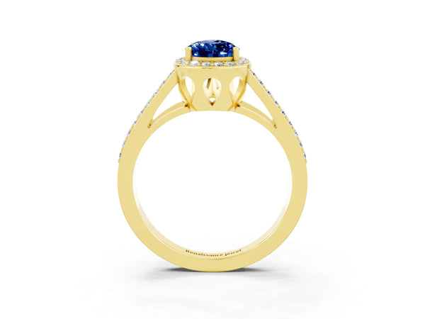 Yellow gold Pear Cut Blue Sapphire Halo Ring with Split Shank U-Prong Band and Four-Prong Setting