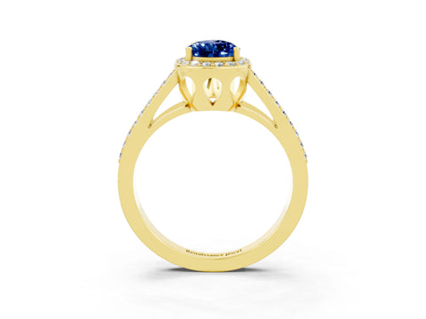 Yellow gold Pear Cut Blue Sapphire Halo Ring with Split Shank U-Prong Band and Four-Prong Setting_3