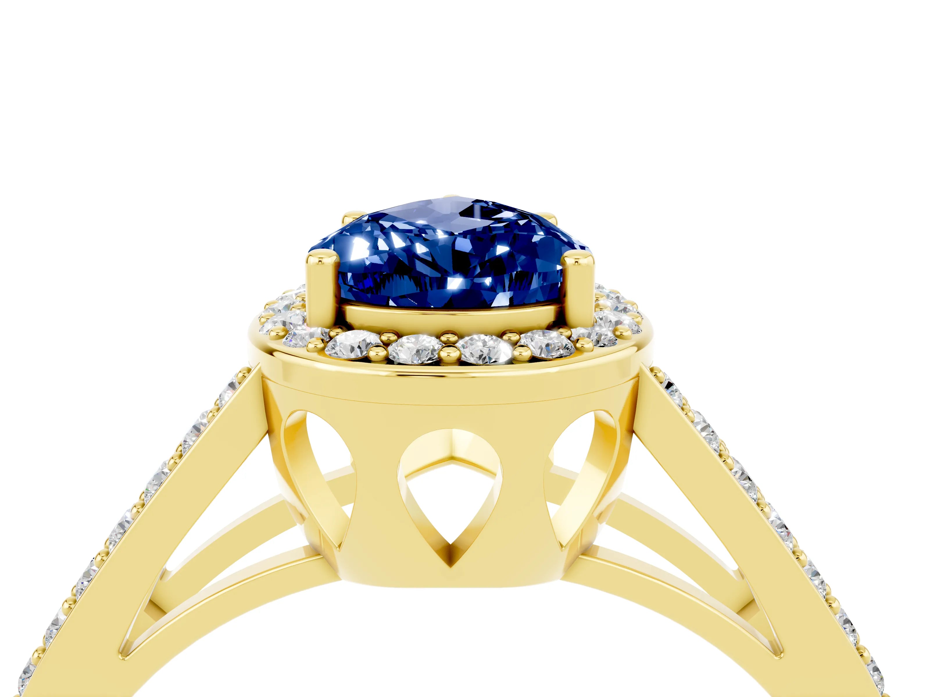 Yellow gold Pear Cut Blue Sapphire Halo Ring with Split Shank U-Prong Band and Four-Prong Setting_4
