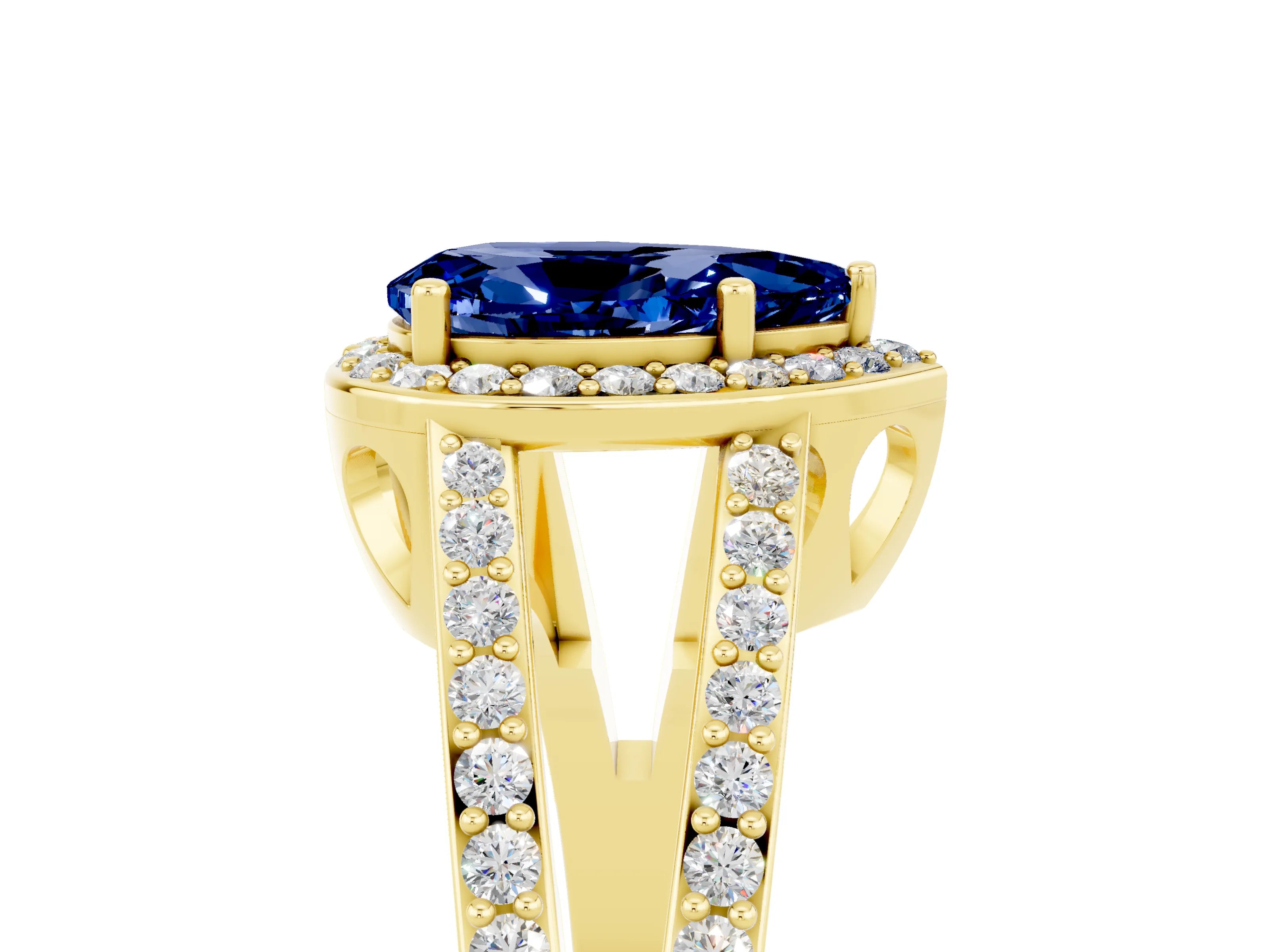 Yellow gold Pear Cut Blue Sapphire Halo Ring with Split Shank U-Prong Band and Four-Prong Setting_5