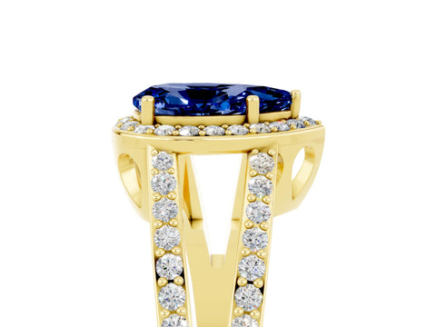 Yellow gold Pear Cut Blue Sapphire Halo Ring with Split Shank U-Prong Band and Four-Prong Setting_5