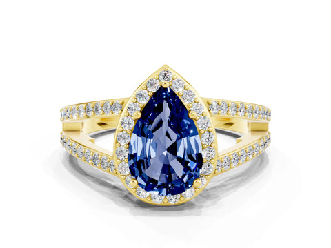 Yellow gold Pear Cut Blue Sapphire Halo Ring with Split Shank U-Prong Band and Four-Prong Setting