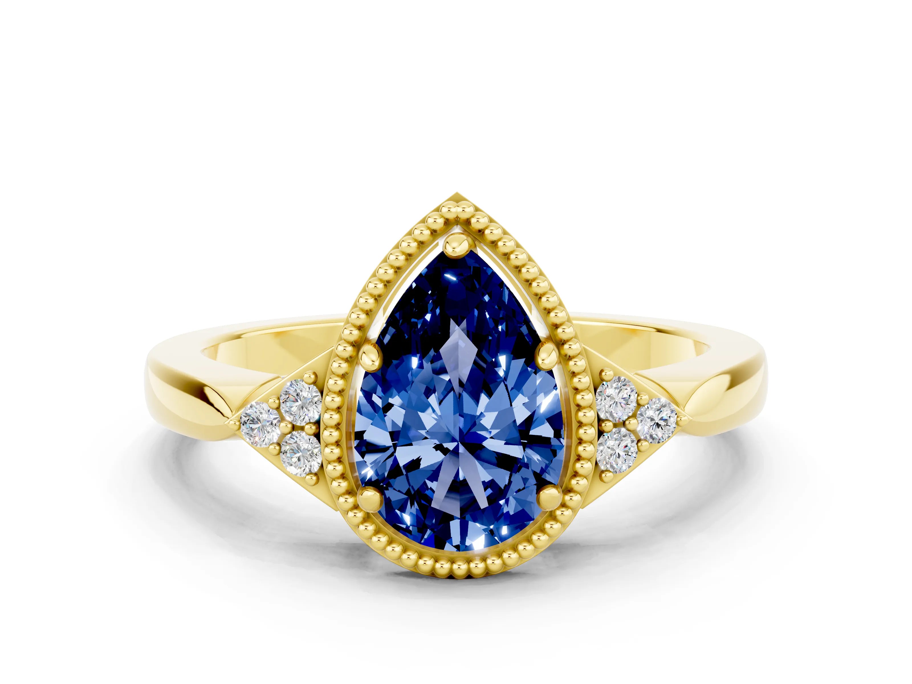 Yellow gold Pear Cut Blue Sapphire Halo Ring with Tapered Band and Four-Prong Setting