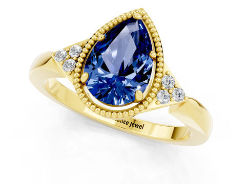 Yellow gold Pear Cut Blue Sapphire Halo Ring with Tapered Band and Four-Prong Setting_1