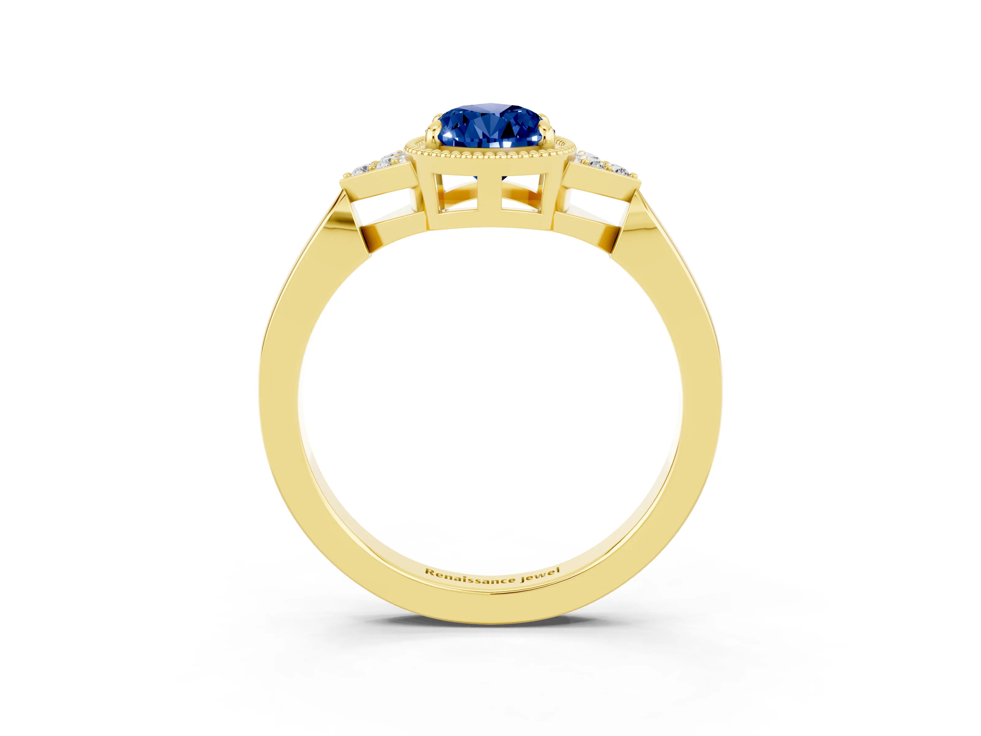 Yellow gold Pear Cut Blue Sapphire Halo Ring with Tapered Band and Four-Prong Setting_3