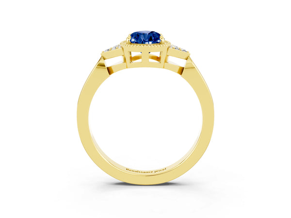 Yellow gold Pear Cut Blue Sapphire Halo Ring with Tapered Band and Four-Prong Setting