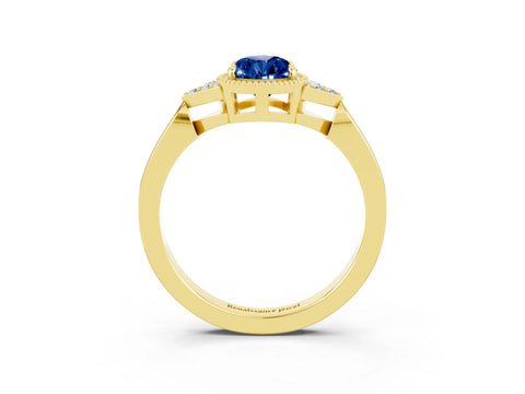Yellow gold Pear Cut Blue Sapphire Halo Ring with Tapered Band and Four-Prong Setting_3