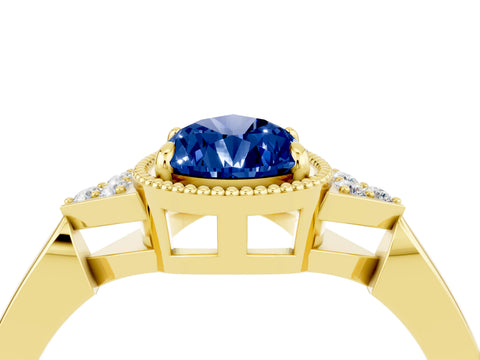 Yellow gold Pear Cut Blue Sapphire Halo Ring with Tapered Band and Four-Prong Setting_4