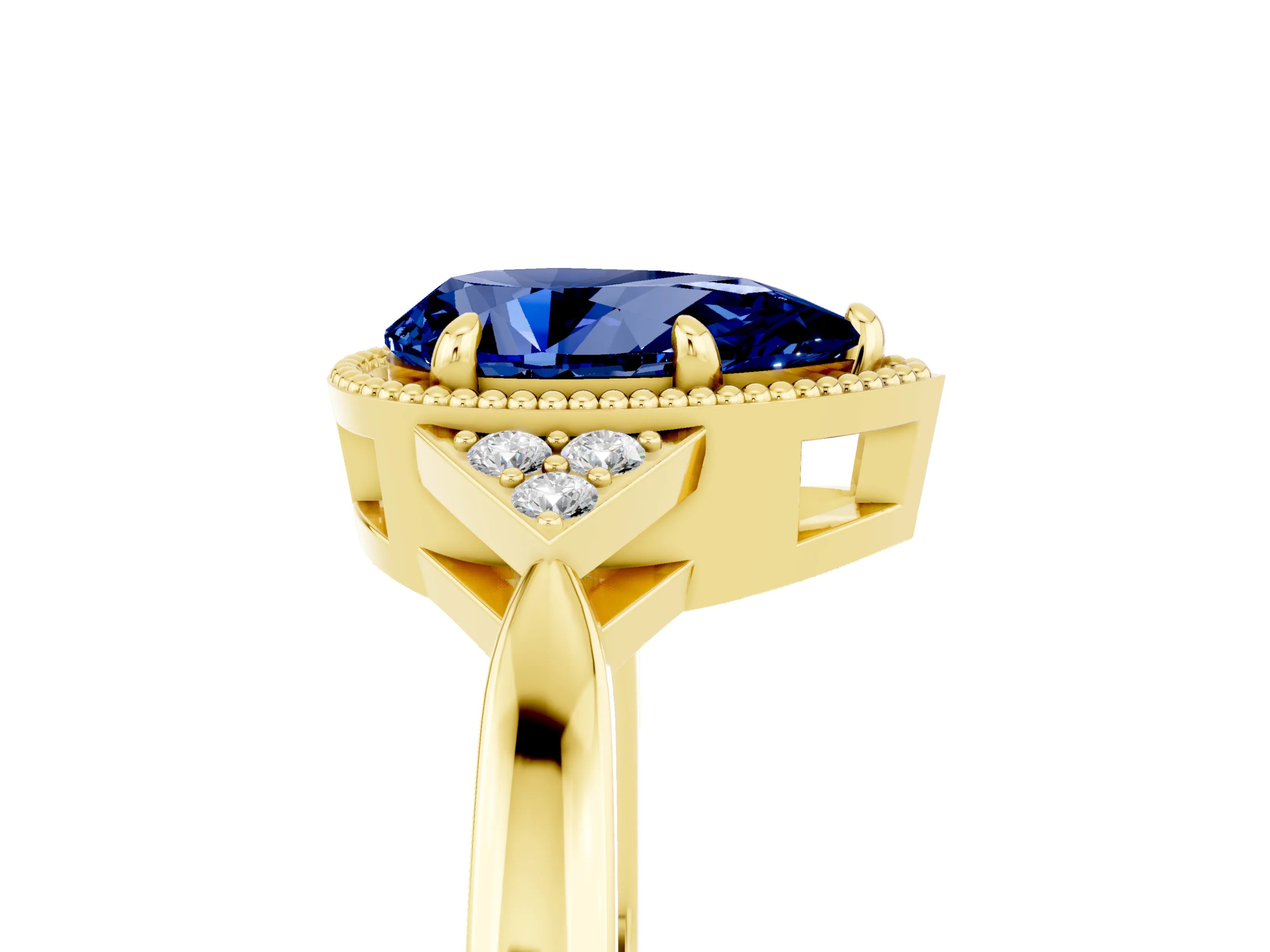 Yellow gold Pear Cut Blue Sapphire Halo Ring with Tapered Band and Four-Prong Setting_5