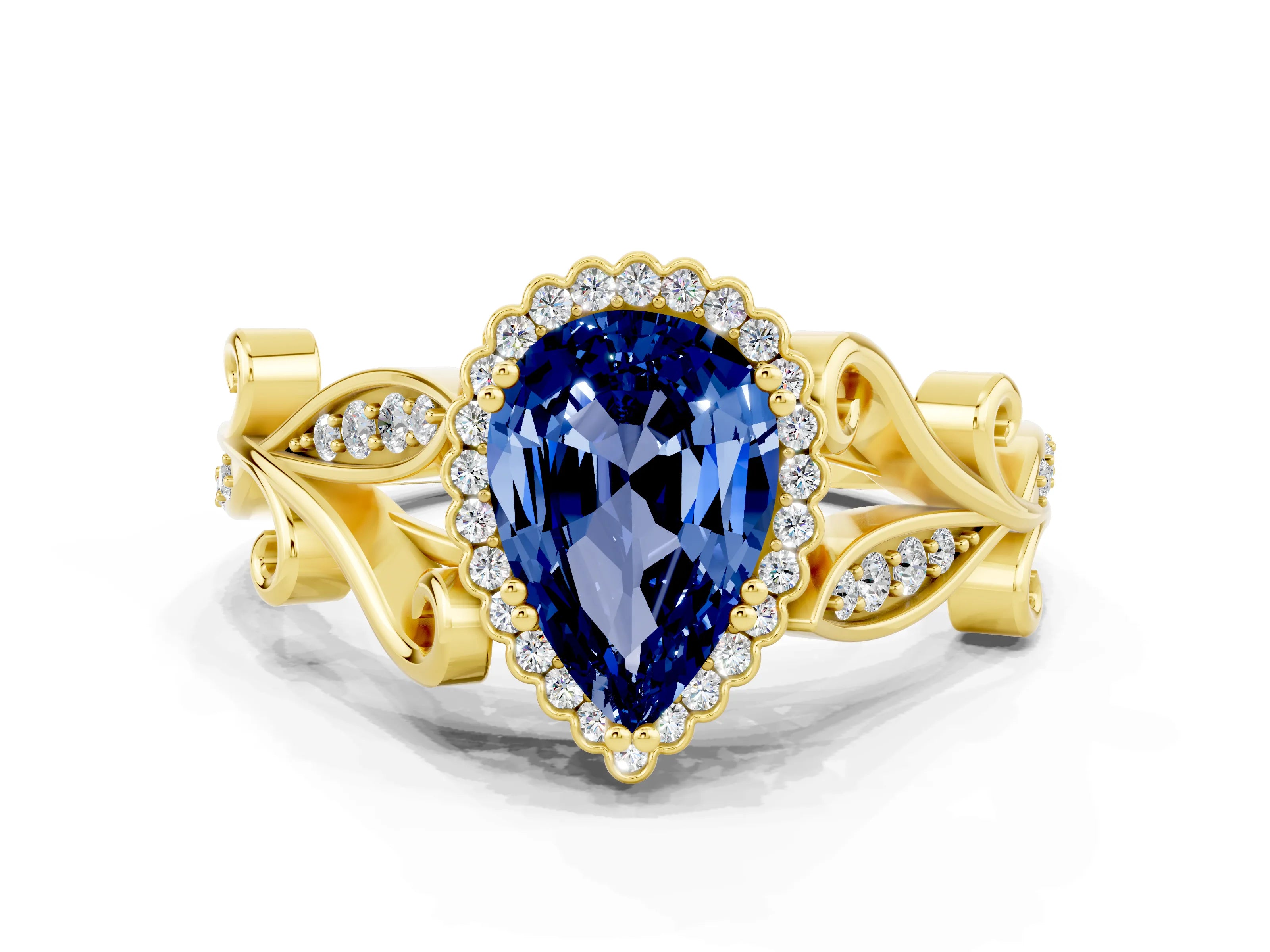 Yellow gold Pear Cut Blue Sapphire Halo Ring with Vintage Split Shank and Four-Prong Setting