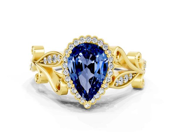 Yellow gold Pear Cut Blue Sapphire Halo Ring with Vintage Split Shank and Four-Prong Setting
