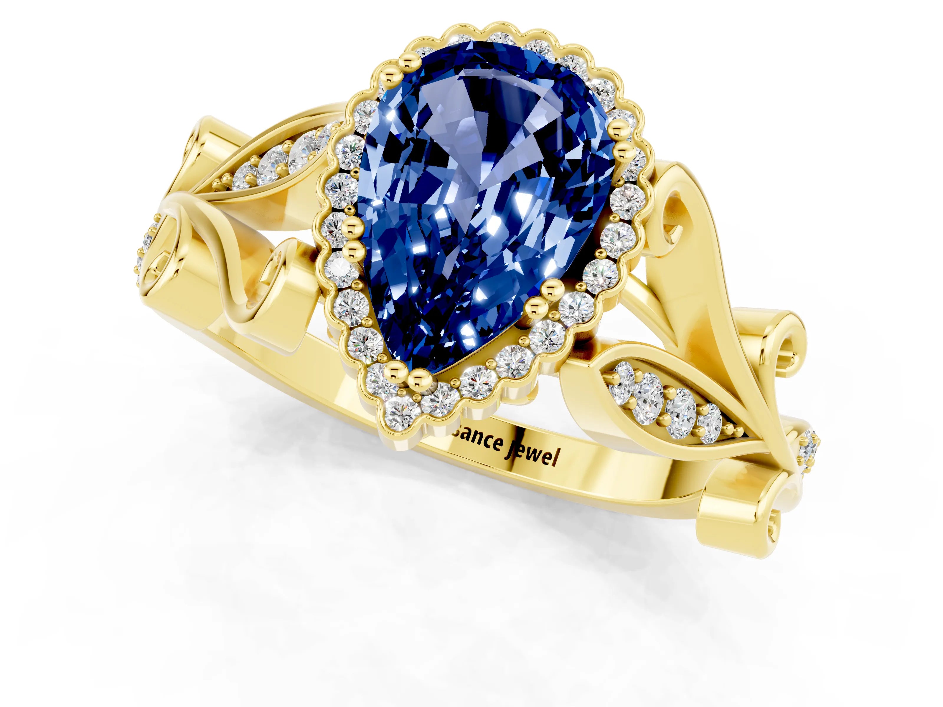 Yellow gold Pear Cut Blue Sapphire Halo Ring with Vintage Split Shank and Four-Prong Setting_1