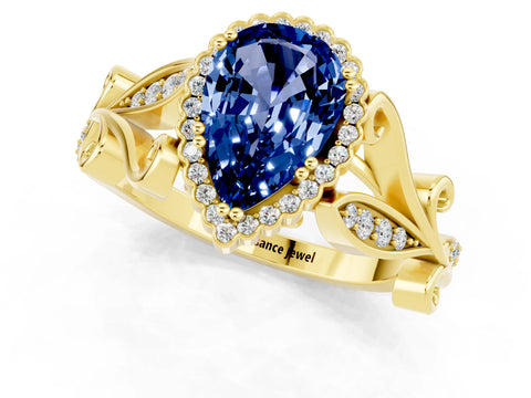 Yellow gold Pear Cut Blue Sapphire Halo Ring with Vintage Split Shank and Four-Prong Setting_1