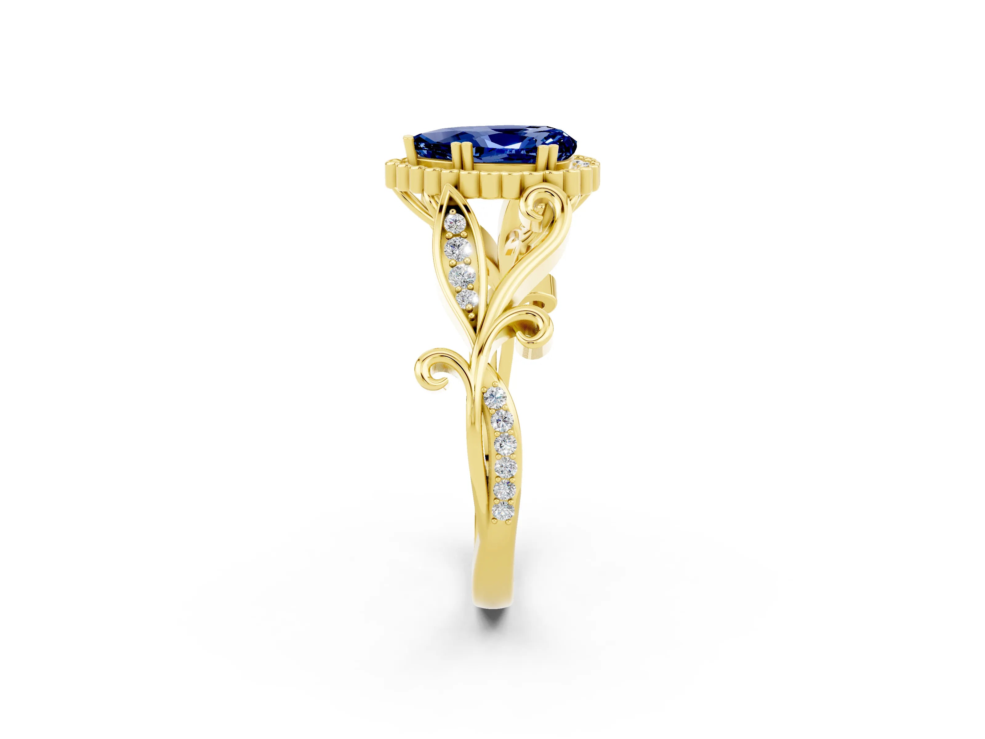 Yellow gold Pear Cut Blue Sapphire Halo Ring with Vintage Split Shank and Four-Prong Setting_2