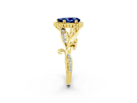 Yellow gold Pear Cut Blue Sapphire Halo Ring with Vintage Split Shank and Four-Prong Setting_2