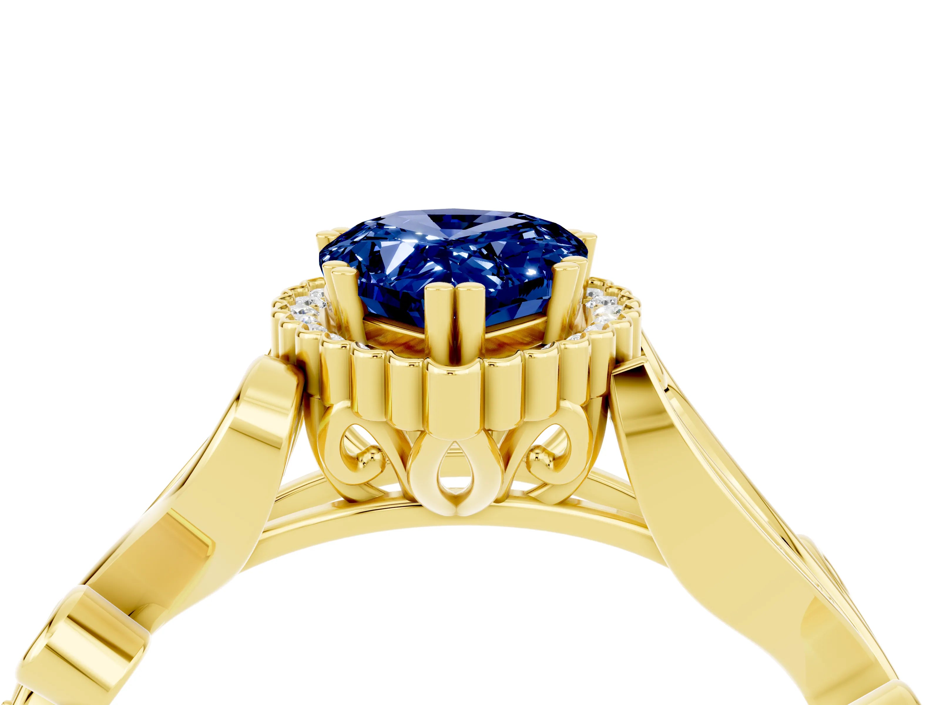 Yellow gold Pear Cut Blue Sapphire Halo Ring with Vintage Split Shank and Four-Prong Setting_4