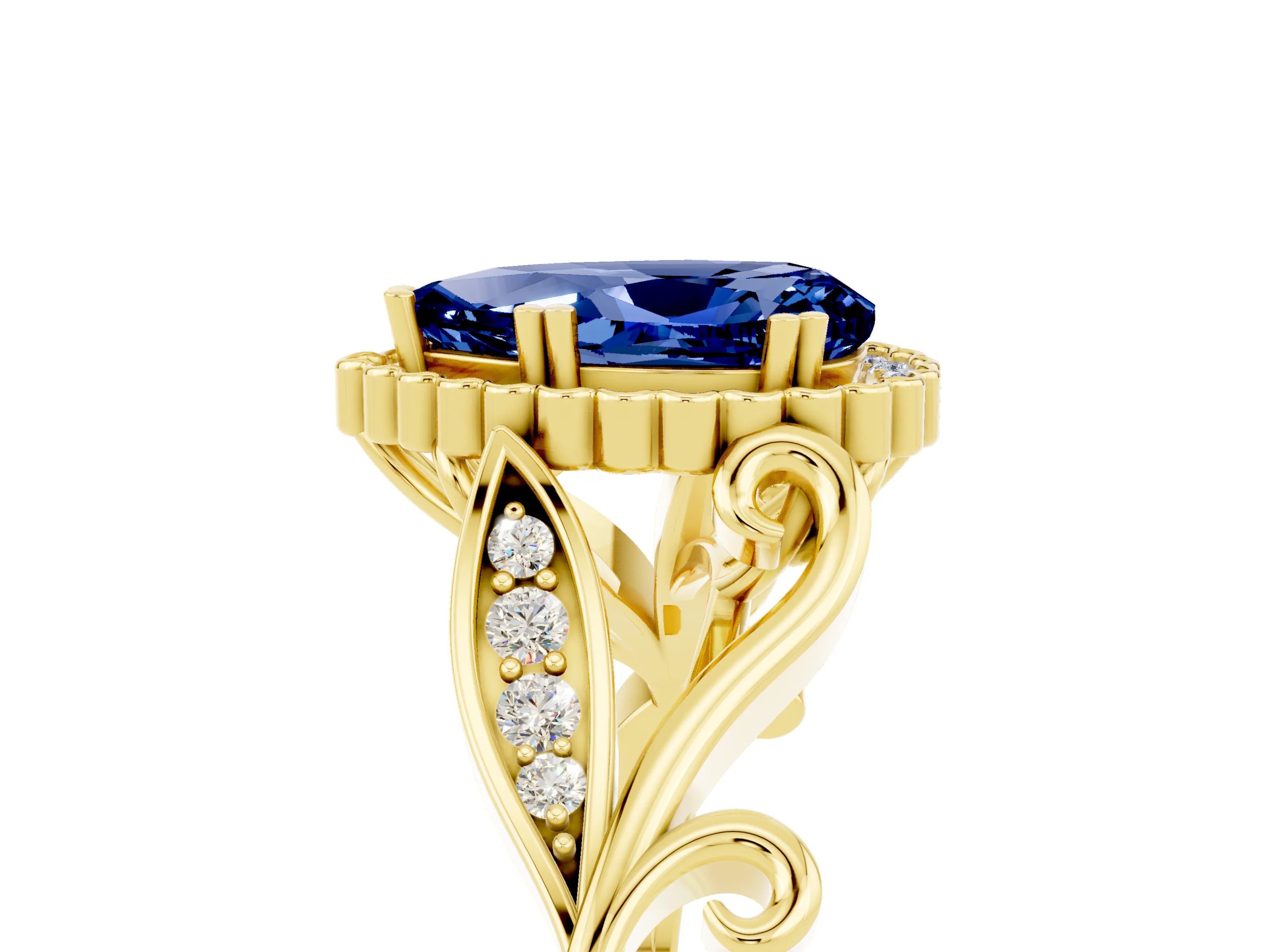 Yellow gold Pear Cut Blue Sapphire Halo Ring with Vintage Split Shank and Four-Prong Setting_5