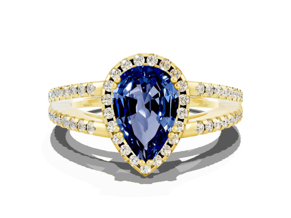 Yellow gold Pear Cut Blue Sapphire Halo Split Shank Engagement Ring
