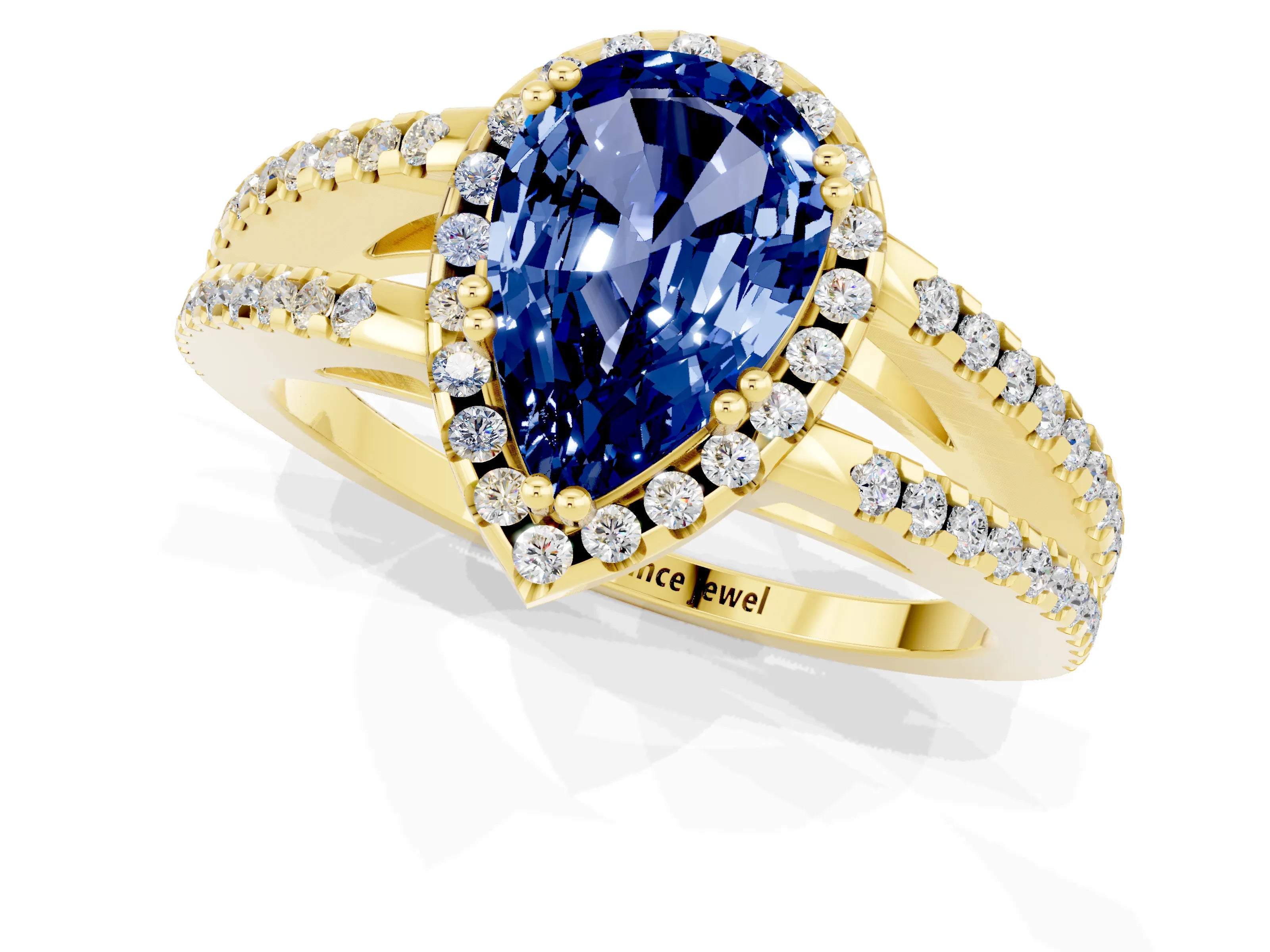 Yellow gold Pear Cut Blue Sapphire Halo Split Shank Engagement Ring_13