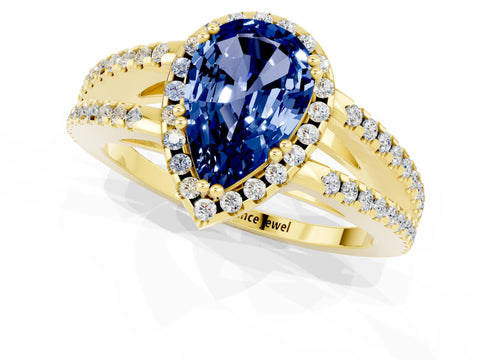 Yellow gold Pear Cut Blue Sapphire Halo Split Shank Engagement Ring_13