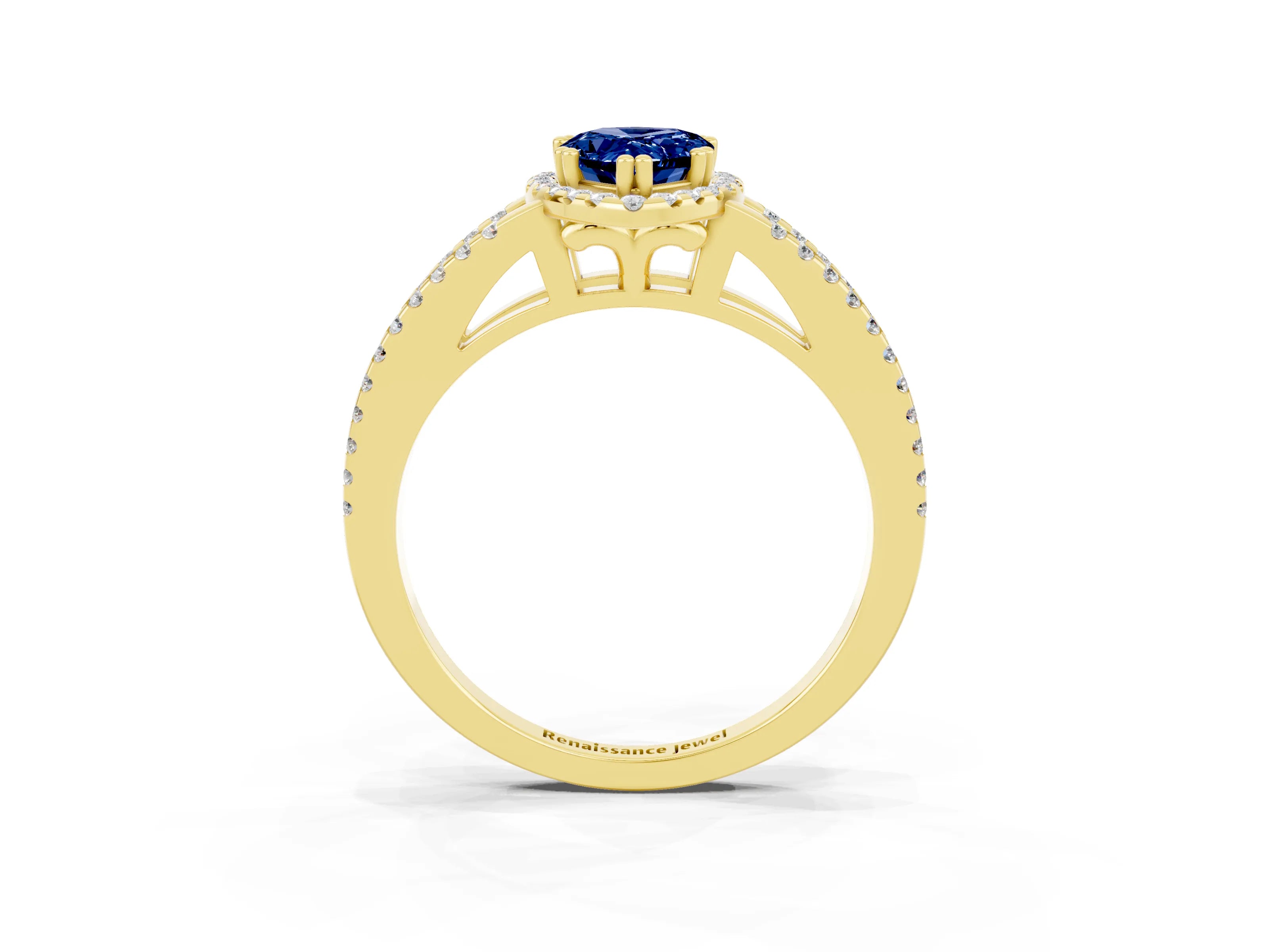 Yellow gold Pear Cut Blue Sapphire Halo Split Shank Engagement Ring_15