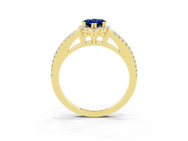 Yellow gold Pear Cut Blue Sapphire Halo Split Shank Engagement Ring
