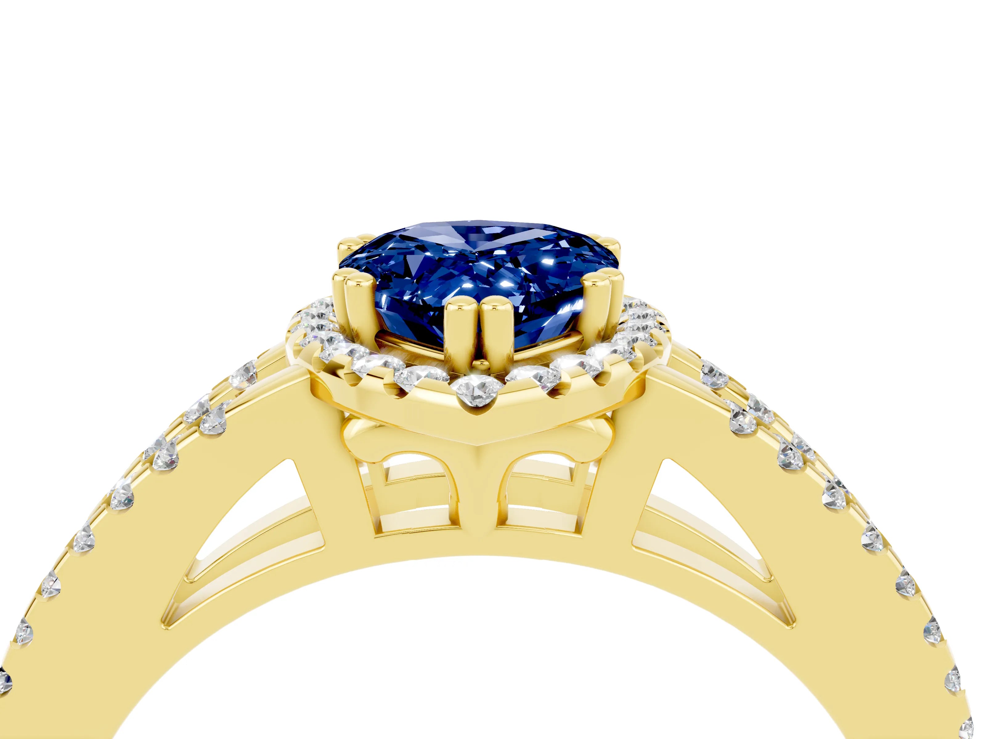 Yellow gold Pear Cut Blue Sapphire Halo Split Shank Engagement Ring_16