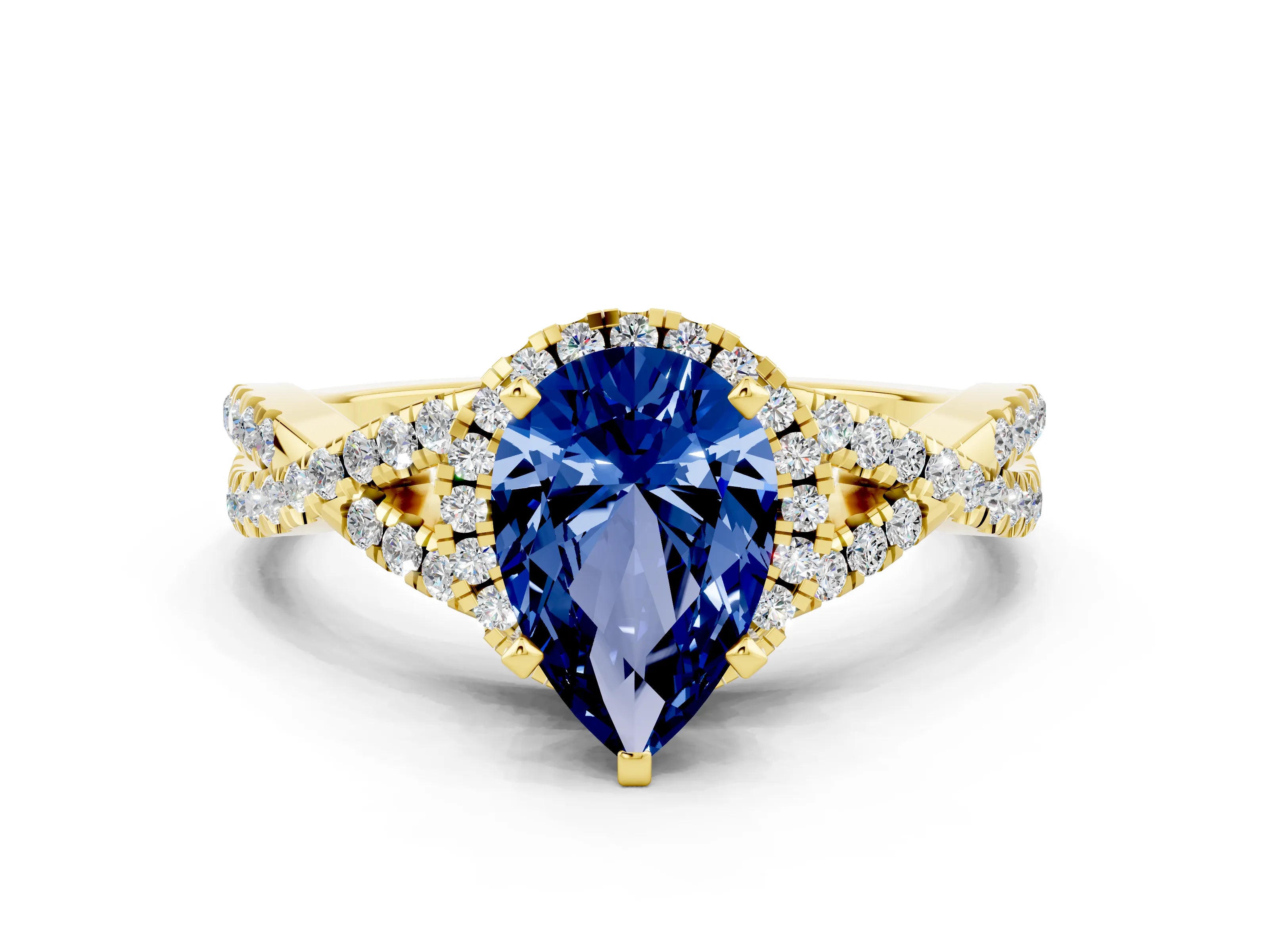 Yellow gold Pear Cut Blue Sapphire Halo Twist Band Solitaire Prong Setting Ring