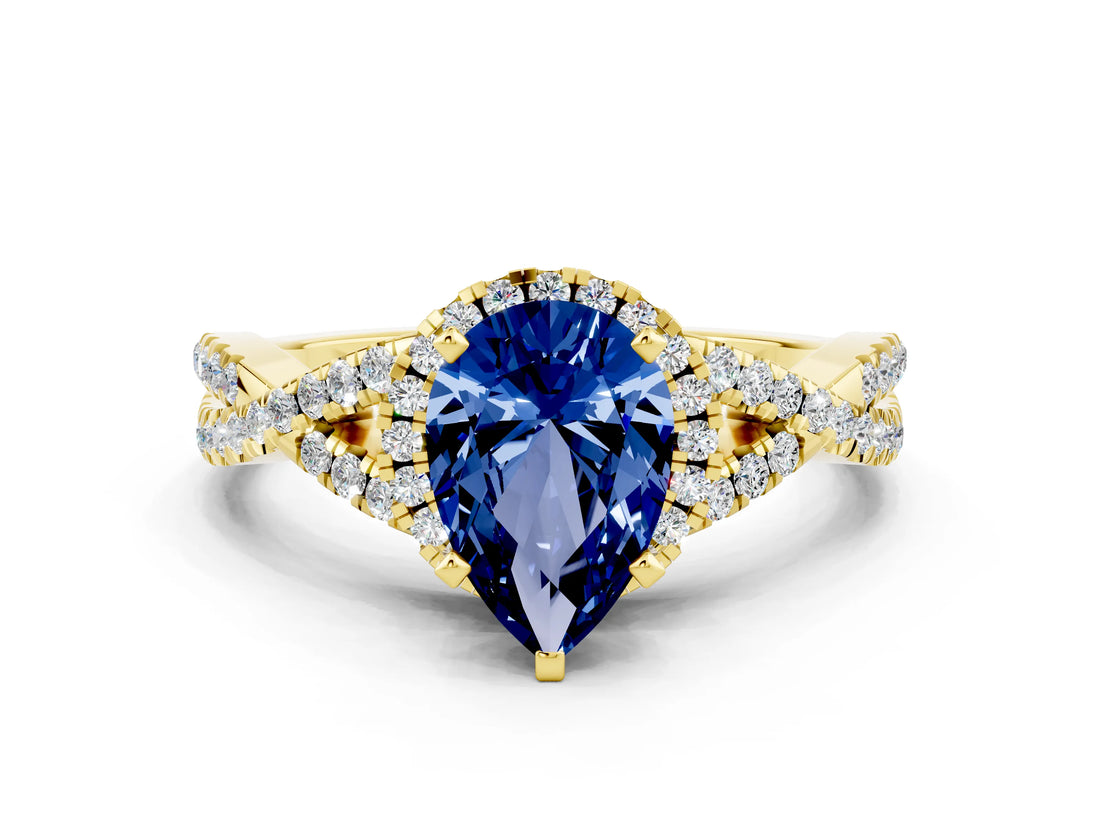 Yellow gold Pear Cut Blue Sapphire Halo Twist Band Solitaire Prong Setting Ring