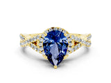 Yellow gold Pear Cut Blue Sapphire Halo Twist Band Solitaire Prong Setting Ring