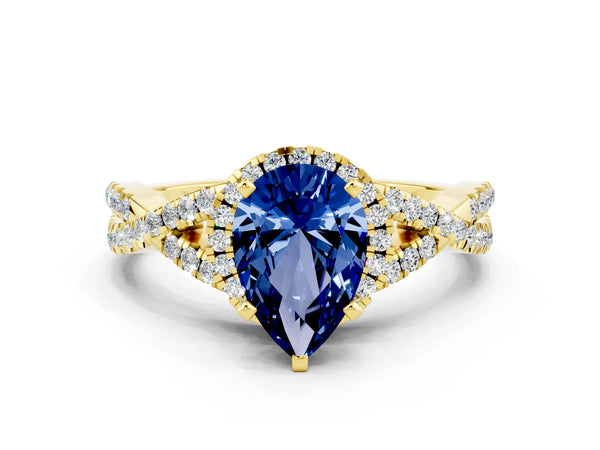 Yellow gold Pear Cut Blue Sapphire  Halo Twist Band Solitaire Prong Setting Ring