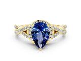 Yellow gold Pear Cut Blue Sapphire  Halo Twist Band Solitaire Prong Setting Ring_24
