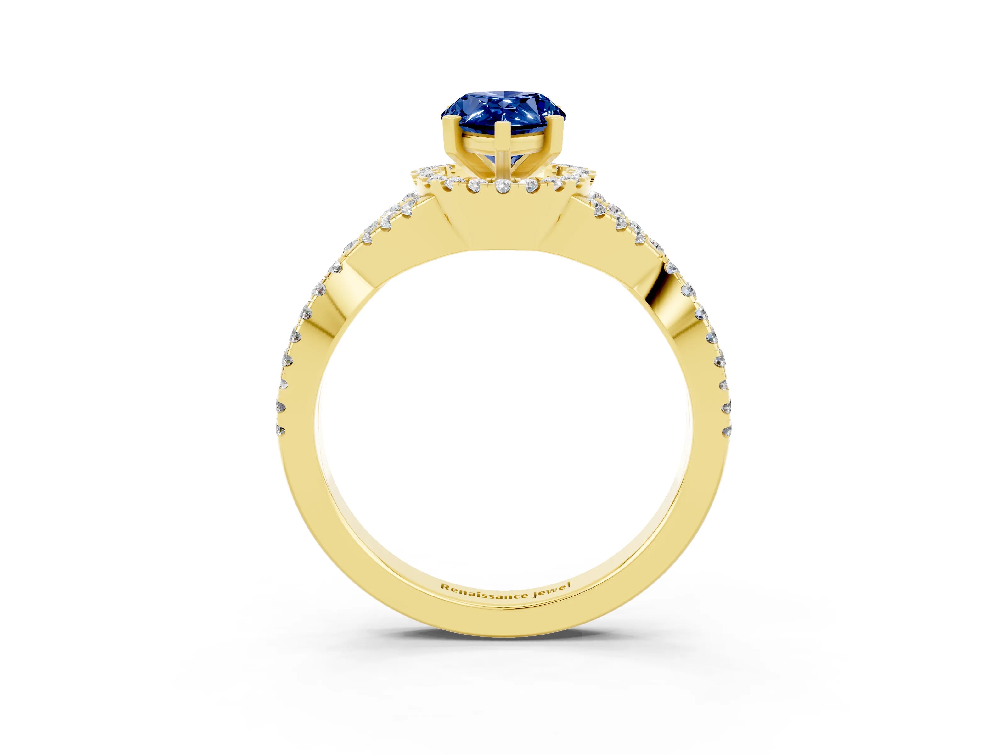 Yellow gold Pear Cut Blue Sapphire Halo Twist Band Solitaire Prong Setting Ring_3