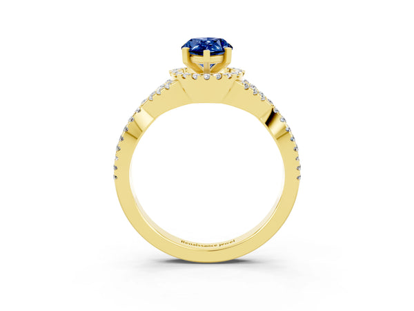 Yellow gold Pear Cut Blue Sapphire  Halo Twist Band Solitaire Prong Setting Ring