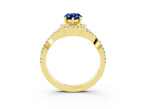 Yellow gold Pear Cut Blue Sapphire Halo Twist Band Solitaire Prong Setting Ring_3