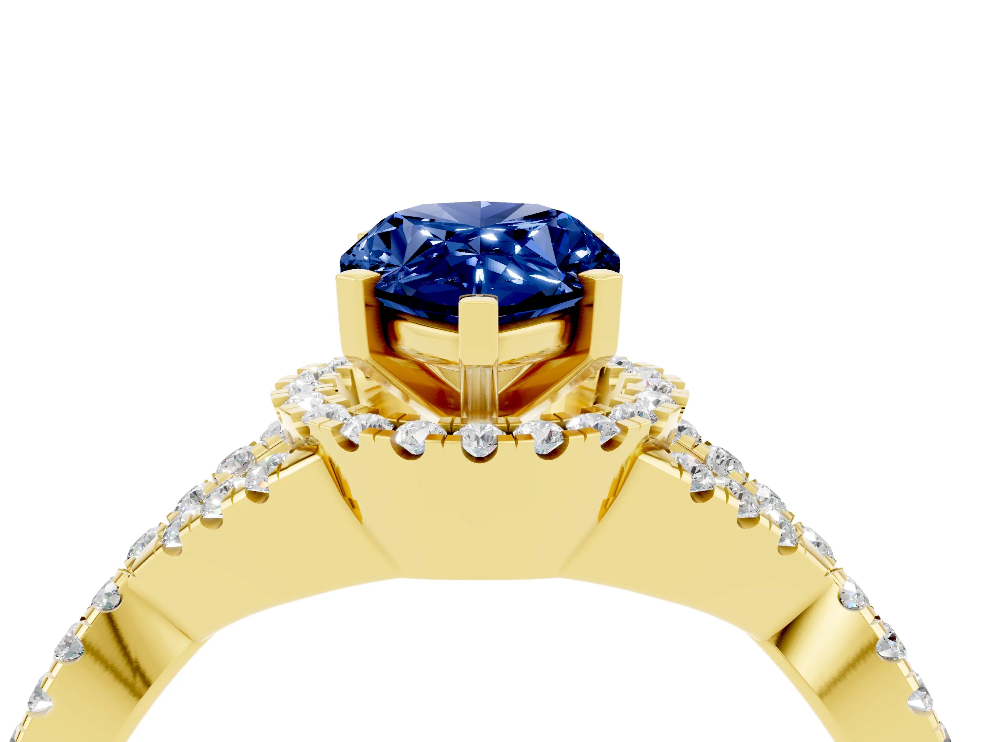 Yellow gold Pear Cut Blue Sapphire Halo Twist Band Solitaire Prong Setting Ring_4