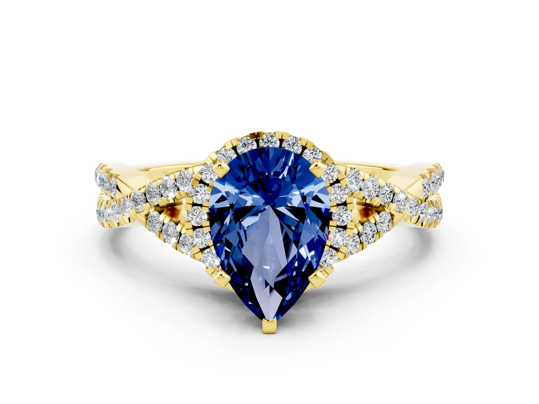 Yellow gold Pear Cut Blue Sapphire  Halo Twist Band Solitaire Prong Setting Ring_42