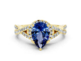 Yellow gold Pear Cut Blue Sapphire  Halo Twist Band Solitaire Prong Setting Ring_42