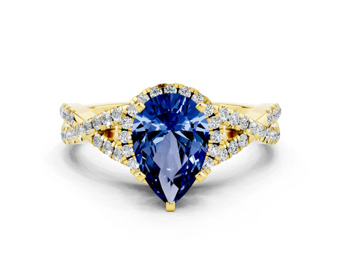 Yellow gold Pear Cut Blue Sapphire Halo Twist Band Solitaire Prong Setting Ring