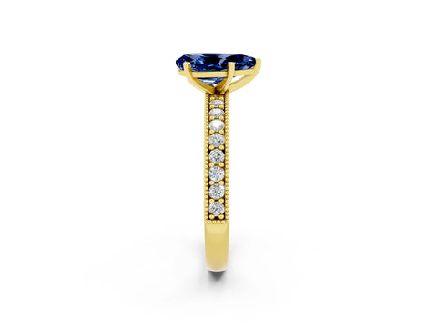 Yellow gold Pear Cut Blue Sapphire Milgrain Pavé Engagement Ring with Four-Prong Setting_2