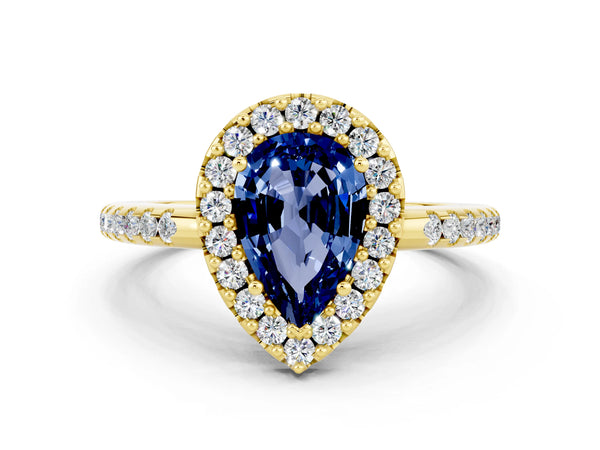 Yellow gold Pear Cut Blue Sapphire Pavé Halo Ring with Four-Prong Setting