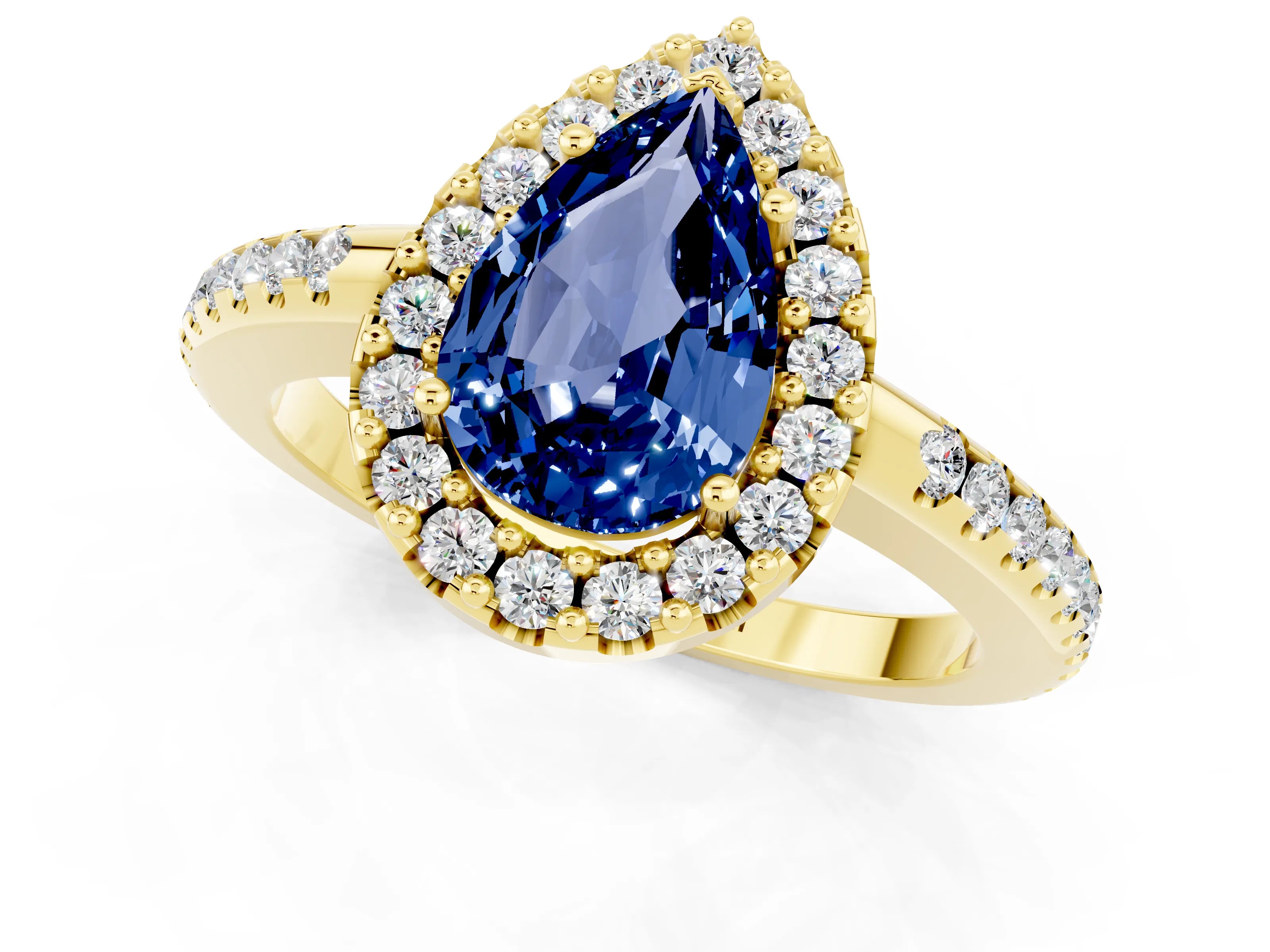 Yellow gold Pear Cut Blue Sapphire Pavé Halo Ring with Four-Prong Setting_13