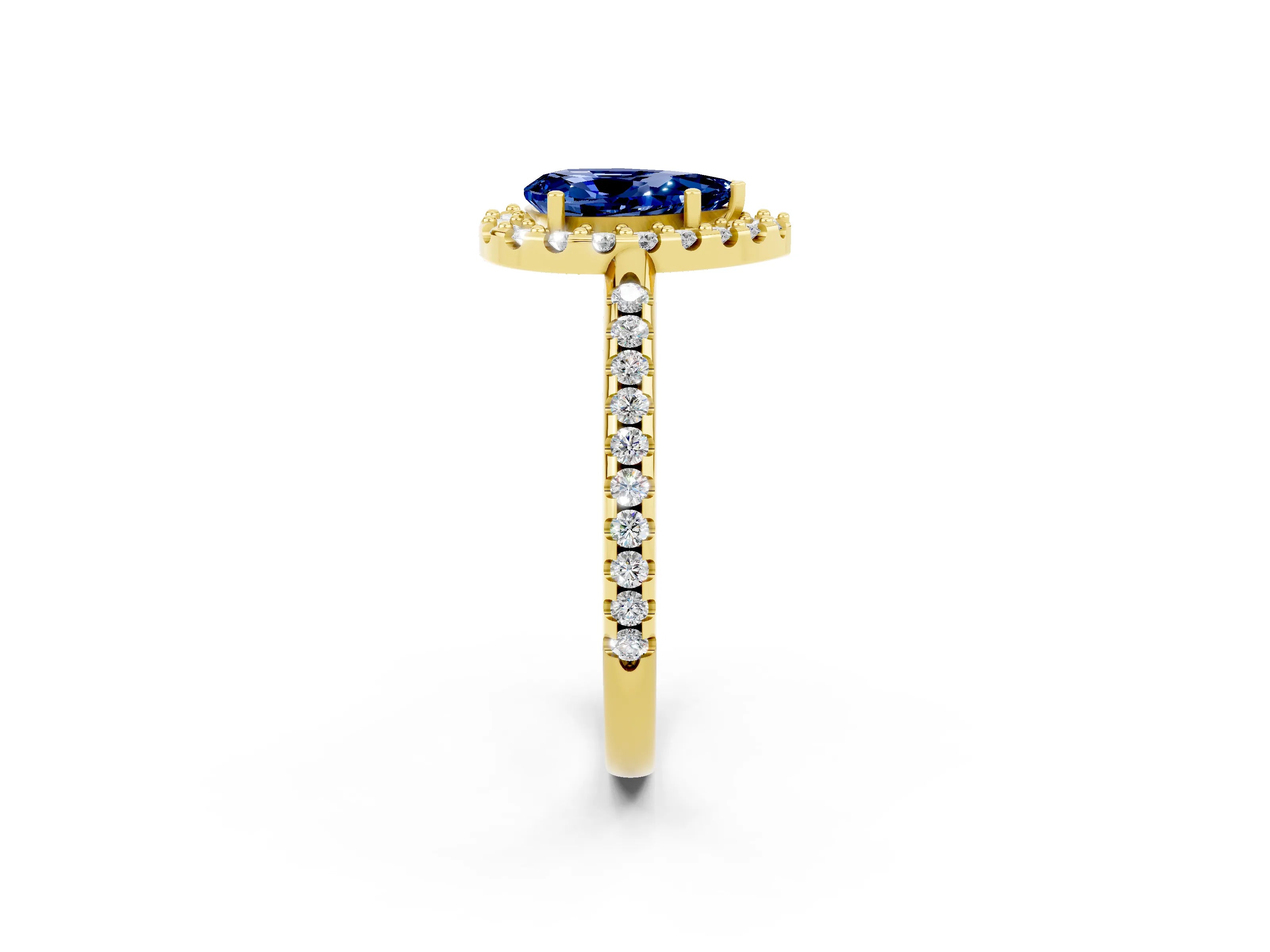 Yellow gold Pear Cut Blue Sapphire Pavé Halo Ring with Four-Prong Setting_14
